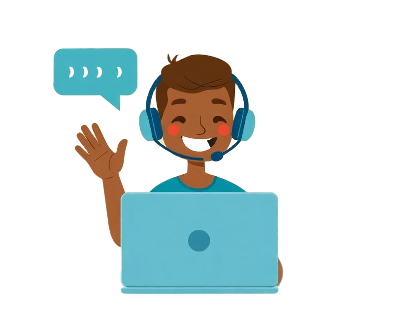 Friendly support agent waving hello from a laptop